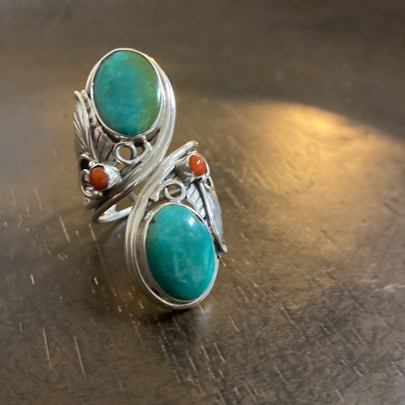 Artisan Jewelry - Turquoise and Coral sterling Silver Ring size 7